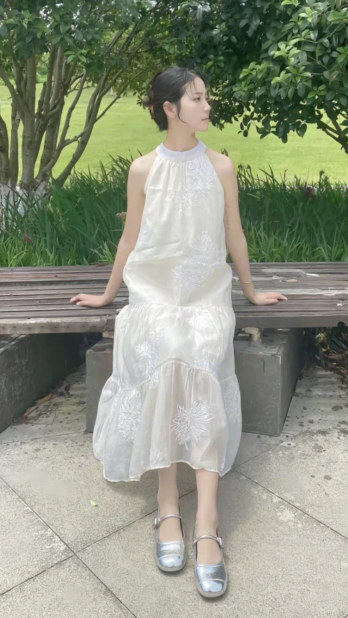 Elegant Off-White Halter Neck Dress with Embroidery and Silver Mary Jane Shoes