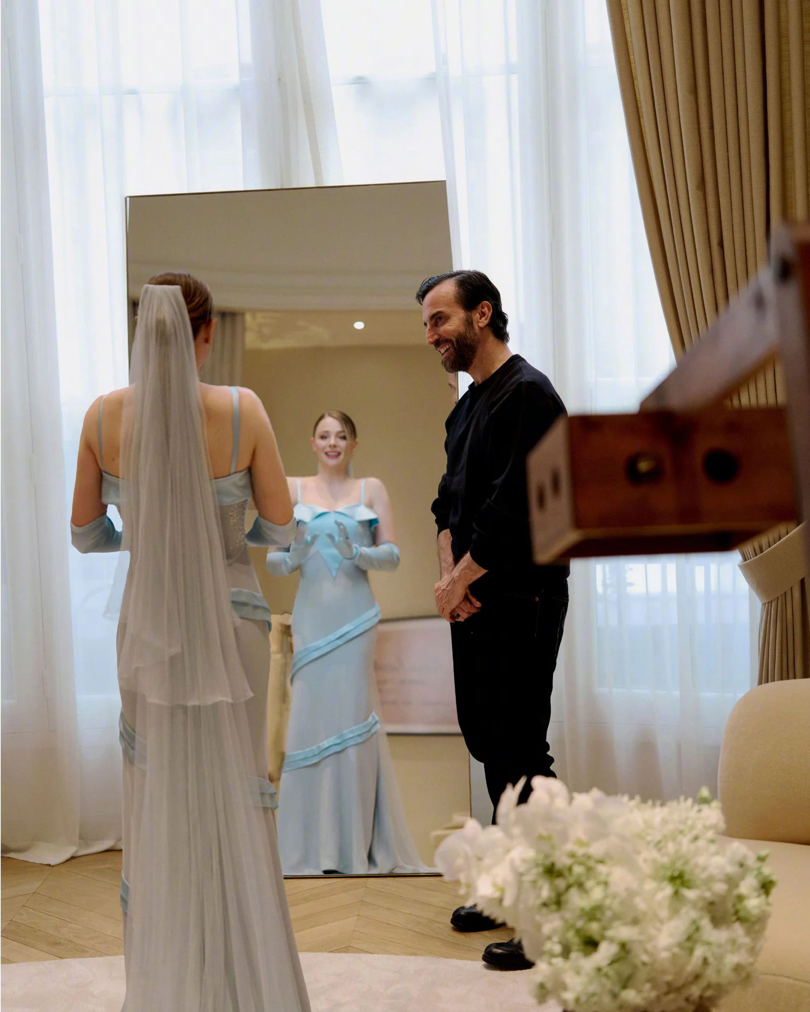 Chloë Grace Moretz in Wedding Dress. Elegant Ice Blue Gown with Draping and Matching Accessories