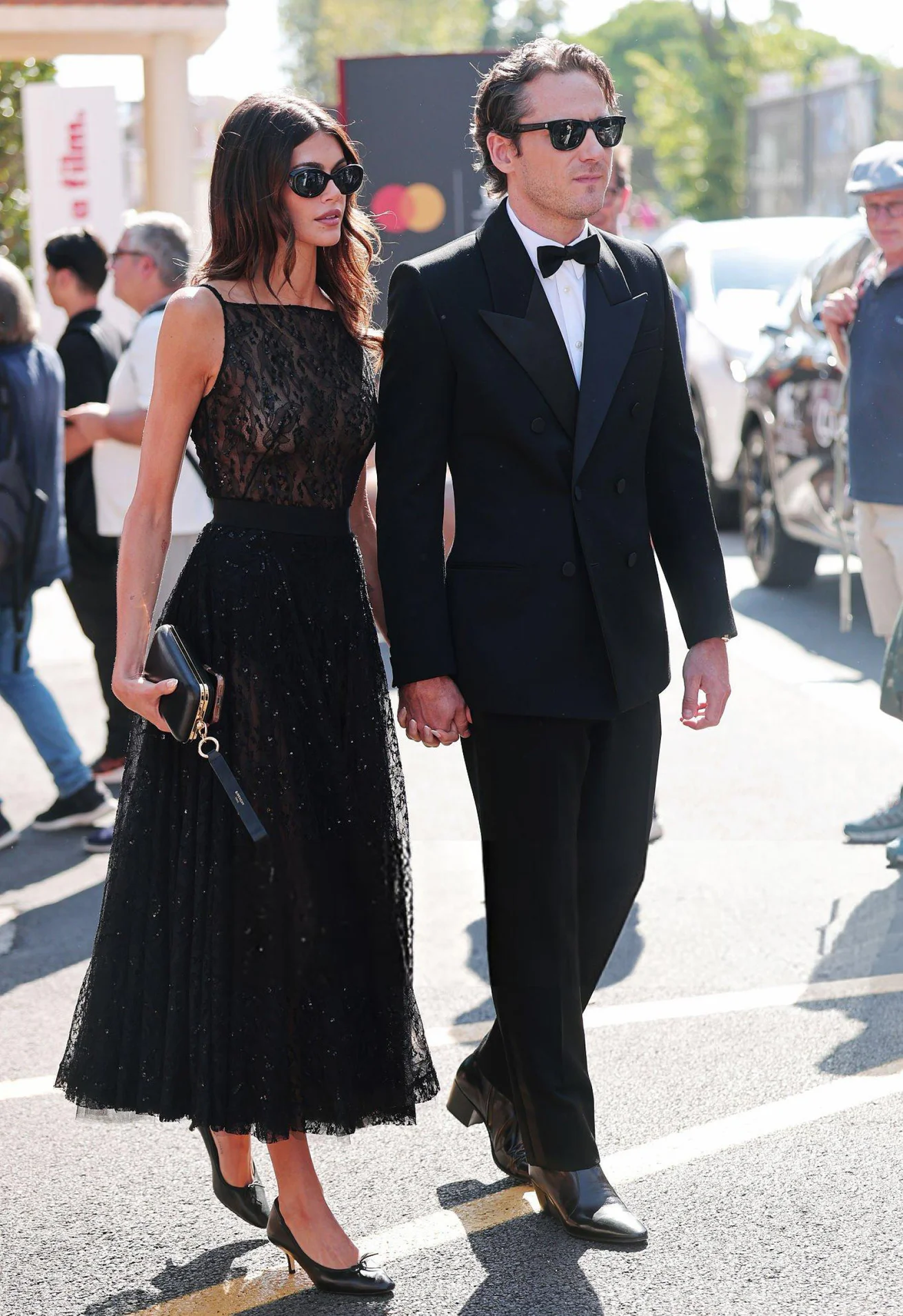 Elegant Black Lace Dress with Classic Tuxedo and Accessories