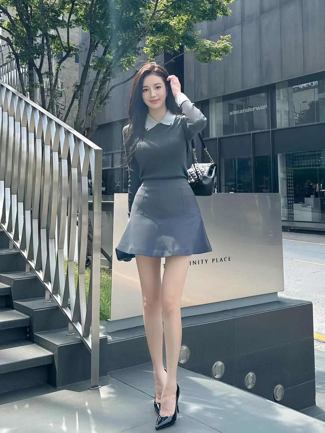 Stylish Monochrome Look with Collared Top and A-line Skirt in Shades of Grey