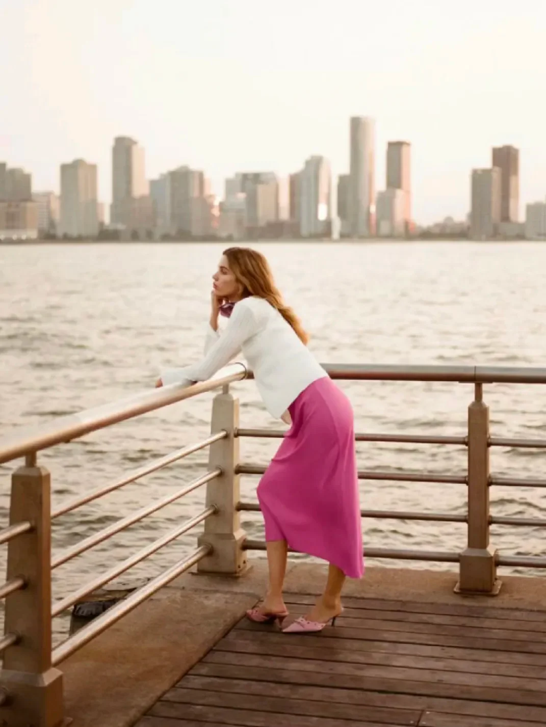 Elegant White and Pink Ensemble for a Casual Day Out by the Water