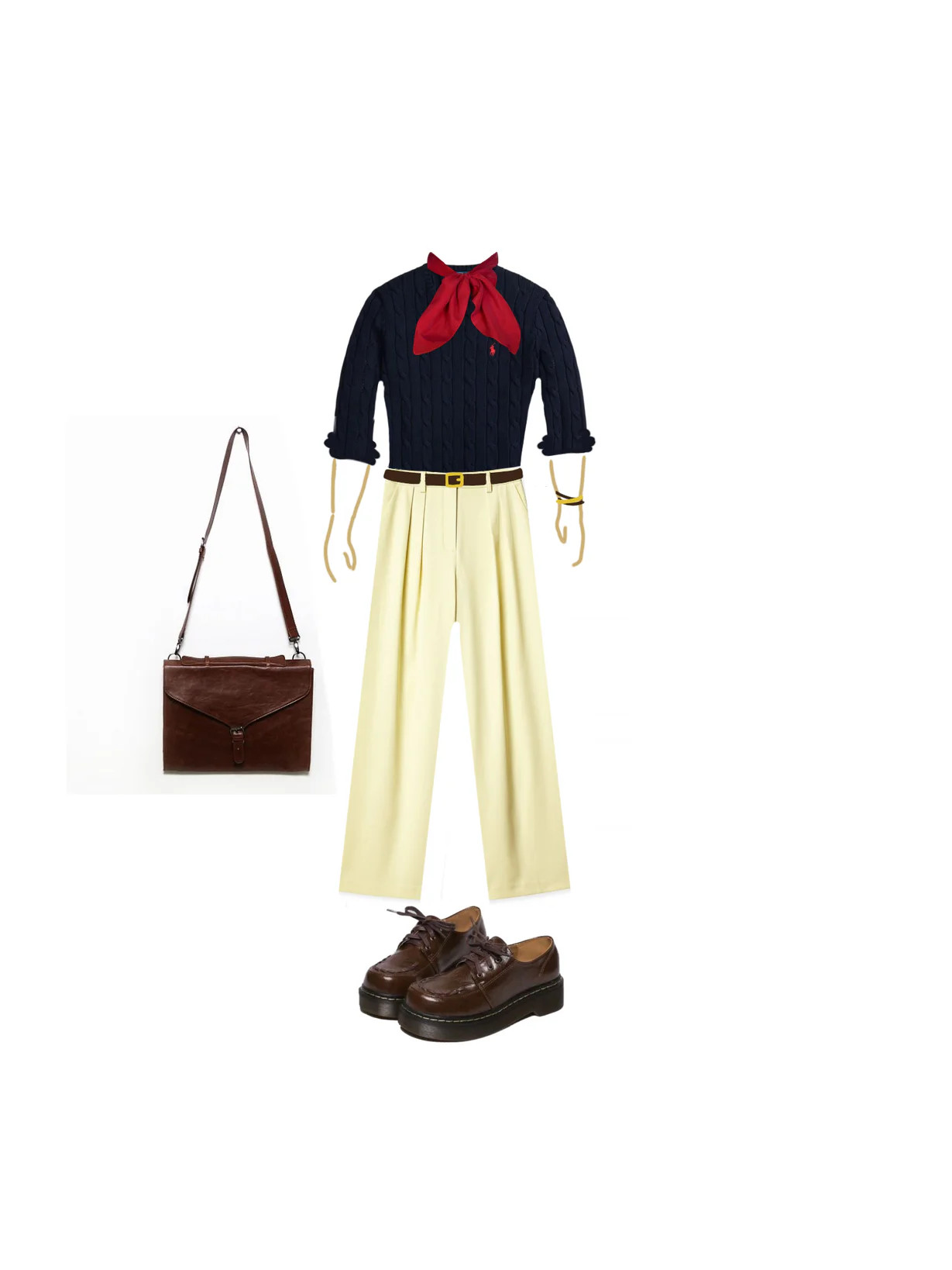 Classic Navy and Cream Outfit with Red Accent, Yellow Belt, and Brown Accessories