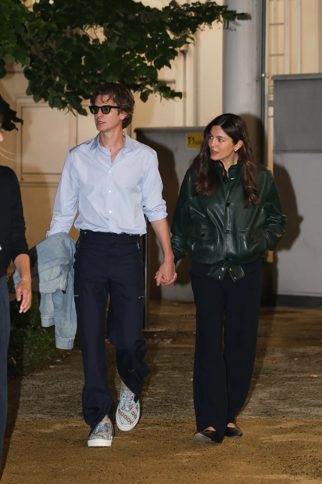 Casual Elegance with a Pop of Color: Light Blue Shirt and Green Leather Jacket