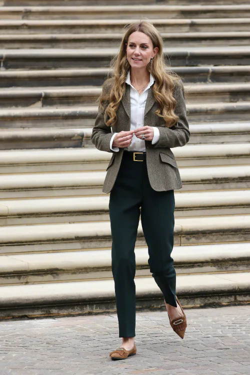 Classic Elegance with Tweed Blazer, White Shirt, and Tailored Trousers