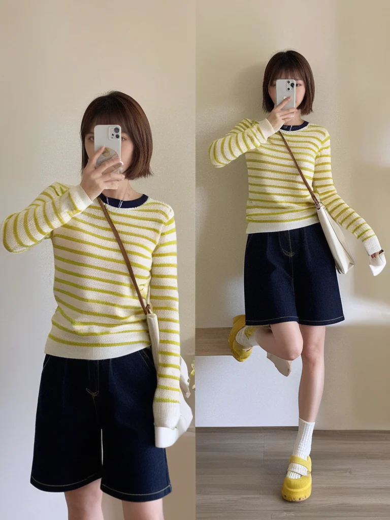 Cheerful Yellow Striped Sweater Paired with Classic Dark Denim Shorts