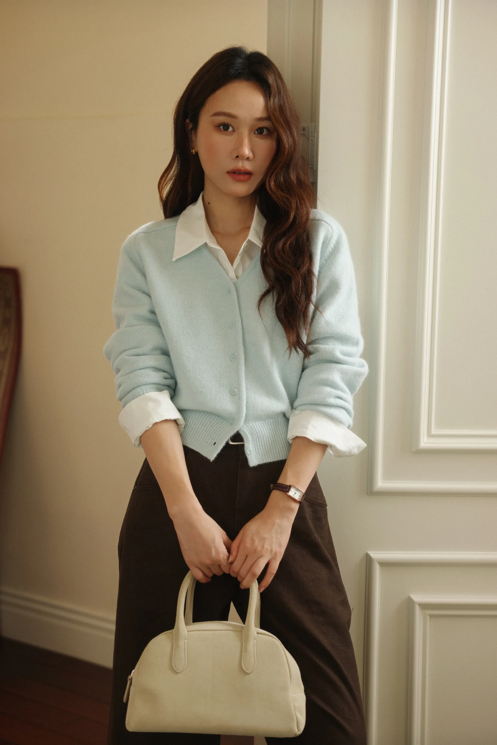 Classic Light Blue Cardigan with White Shirt and Brown Skirt Ensemble