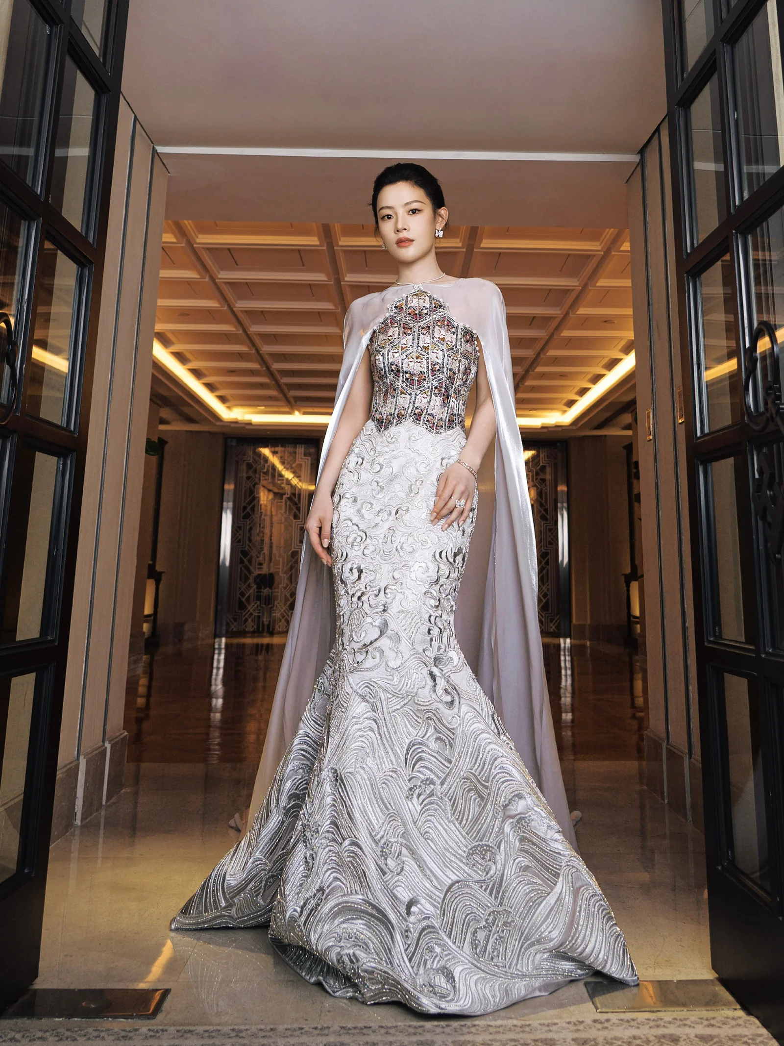 Elegant Embellished Mermaid Gown with Dramatic Cape