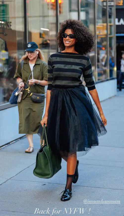 Elegant Stripes and Tulle Skirt Paired with Chic Green Tote