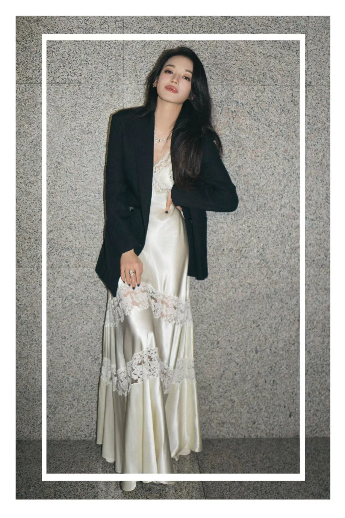 Elegant Satin Slip Dress with Lace Detailing Paired with Black Blazer