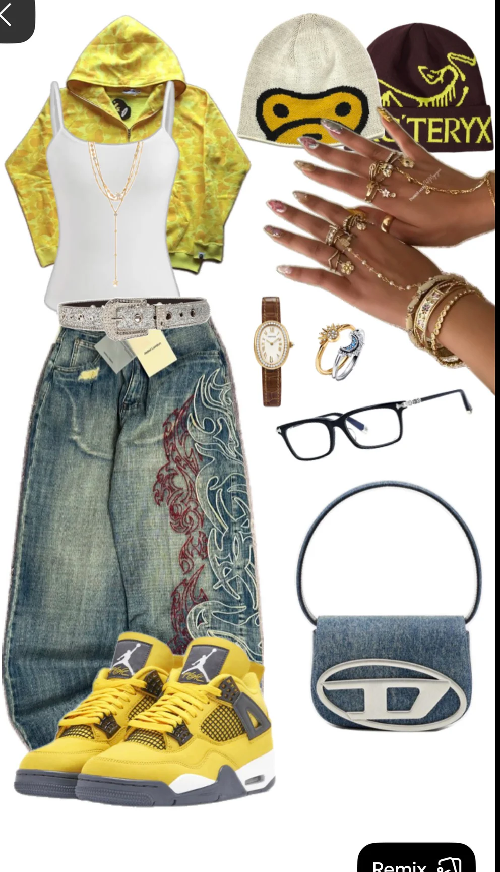 Bold Streetwear Ensemble with Yellow Accents and Denim Details