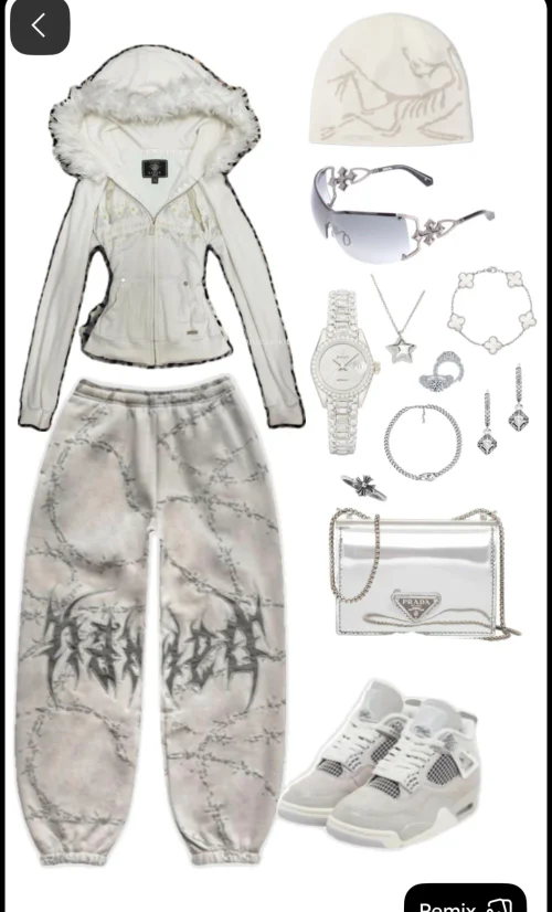 Monochrome Urban Streetwear with Fur-Lined Jacket and Graffiti Pants