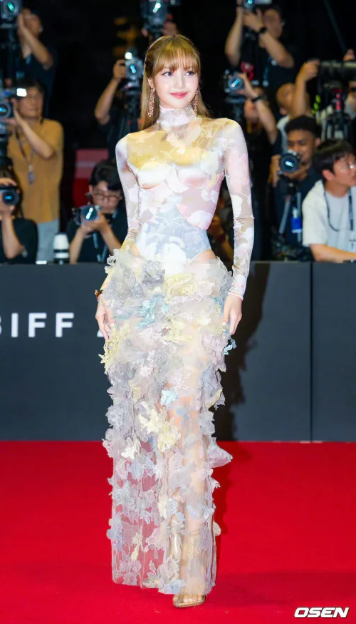 Ethereal Sheer Gown with Pastel Floral Appliqués on the Red Carpet