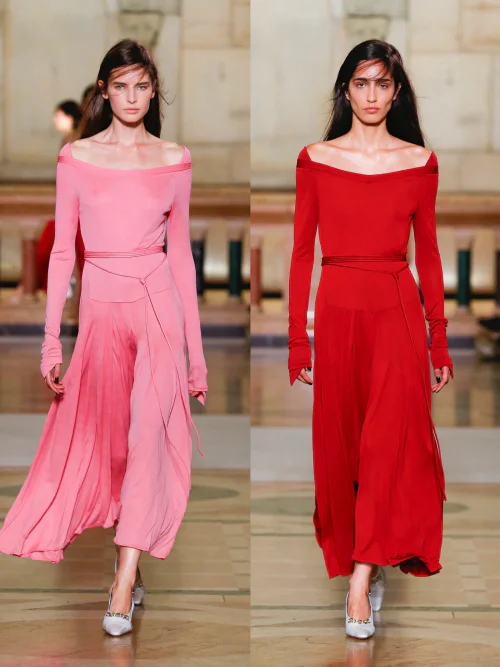 Elegant Off-the-Shoulder Dresses: Fluid Designs in Pink and Red
