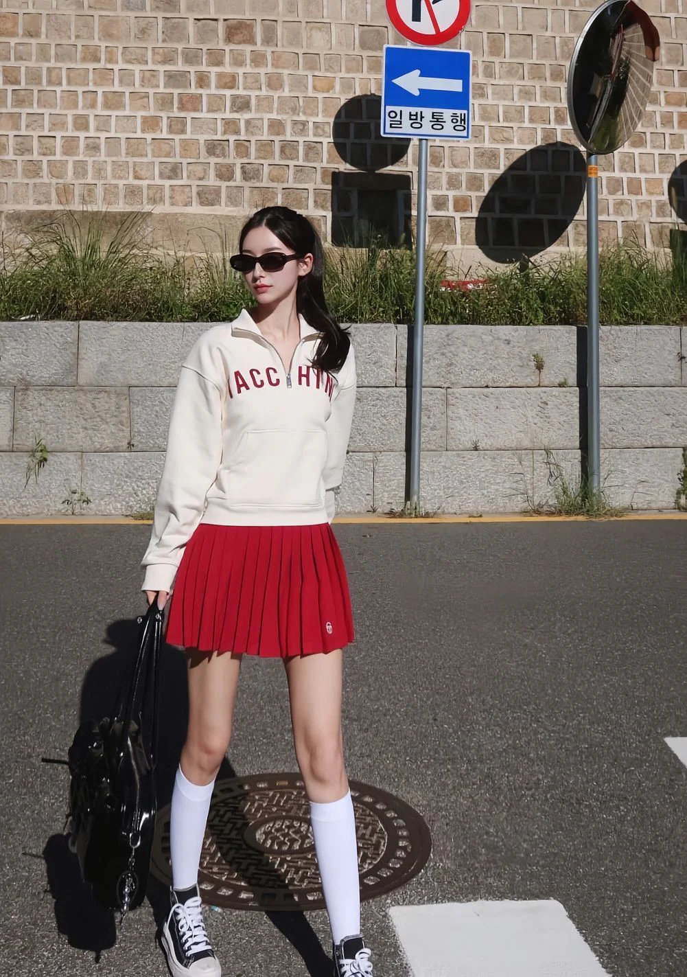 Sporty Chic: Cream Sweatshirt with Red Pleated Skirt and Black Sneakers