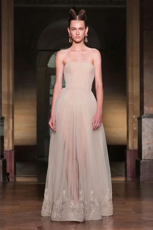 Ethereal Nude Strapless Gown with Intricate Hem Embroidery
