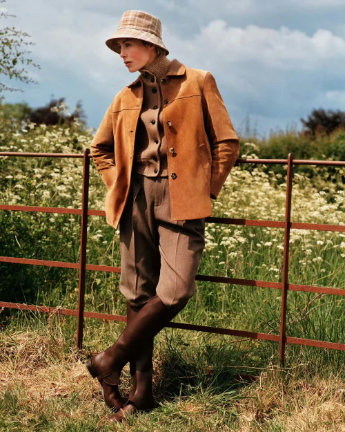 Earthy Countryside Chic with a Modern Touch - Tan Jacket, Turtleneck, and Plaid Hat Ensemble