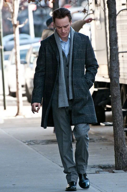 Elegant Gray Layered Ensemble Featuring Overcoat and Suit with Leather Shoes