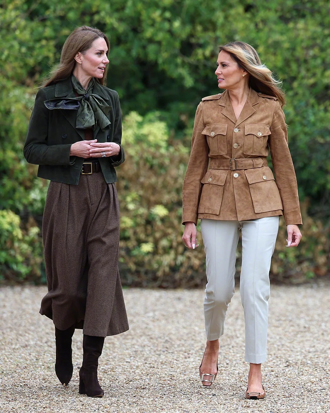 Elegant Earth Tones: Green Jacket and Brown Trousers with Suede Boots