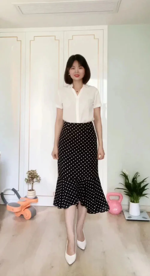 Classic Black and White Polka Dot Skirt with Flared Silhouette and White Blouse