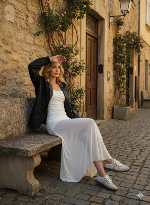 Effortless Style with a White Maxi Dress and Black Leather Jacket