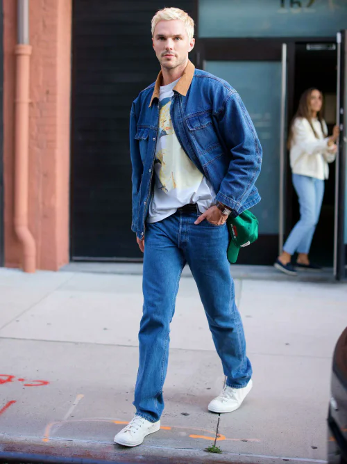 Classic Denim on Denim with Graphic Tee and White Sneakers
