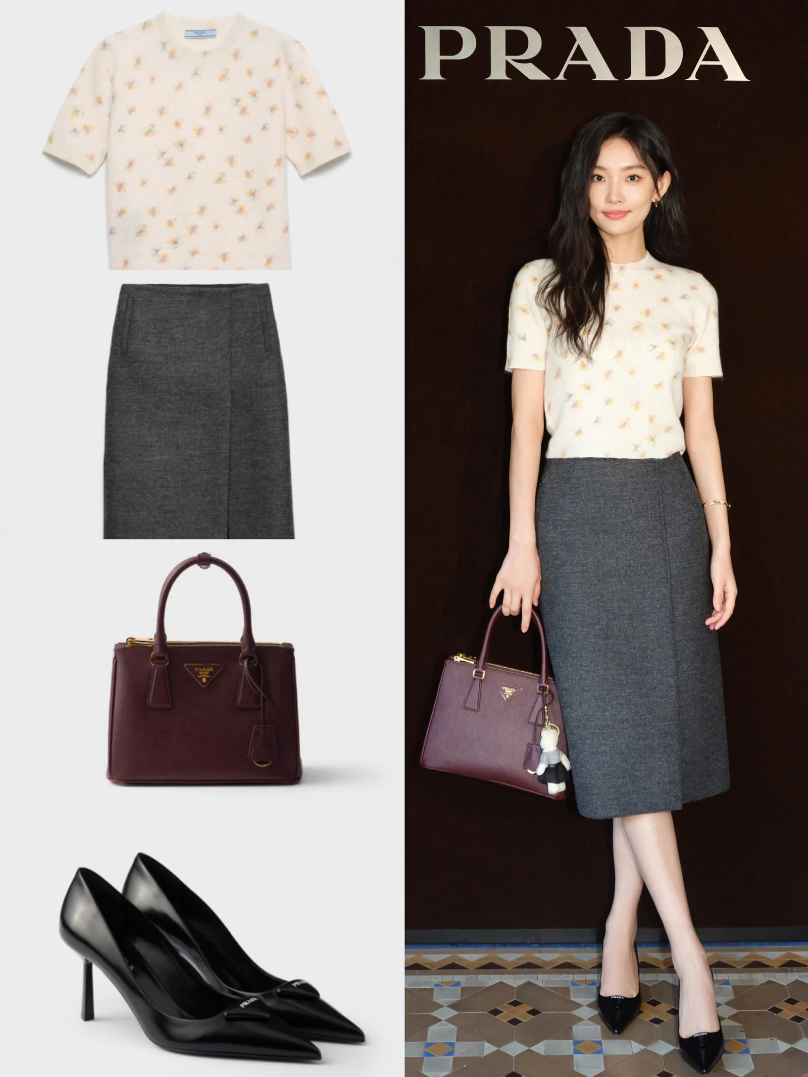 Elegant Cream Sweater and Gray Pencil Skirt with Burgundy Handbag and Black Heels
