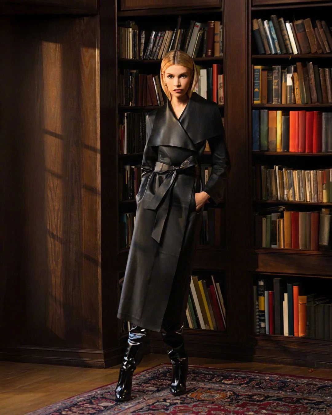 Sleek Black Leather Coat with Glossy Black Boots for a Timeless Urban Look