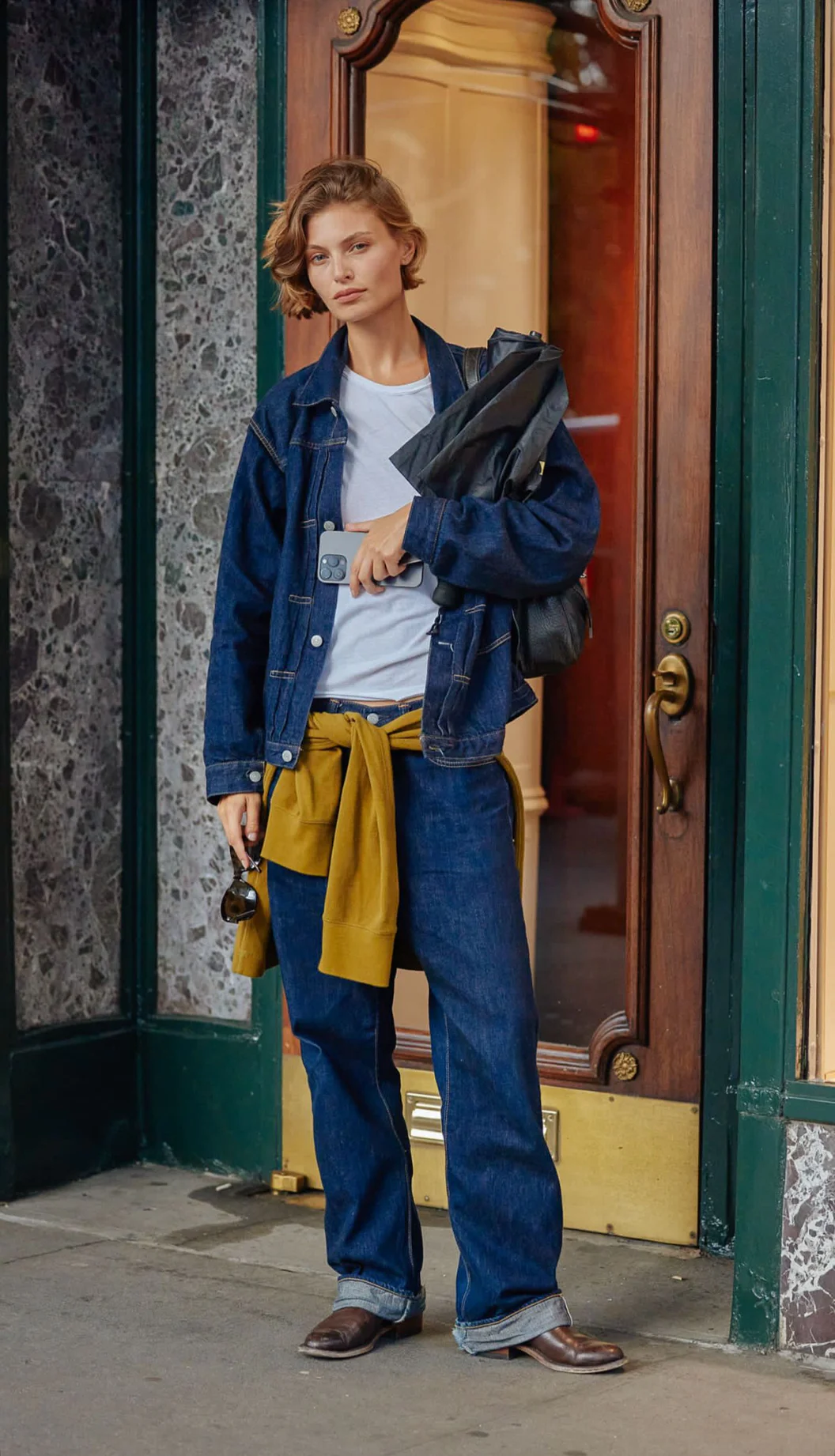 Timeless Denim Ensemble with Mustard Accents for a Casual Day Out