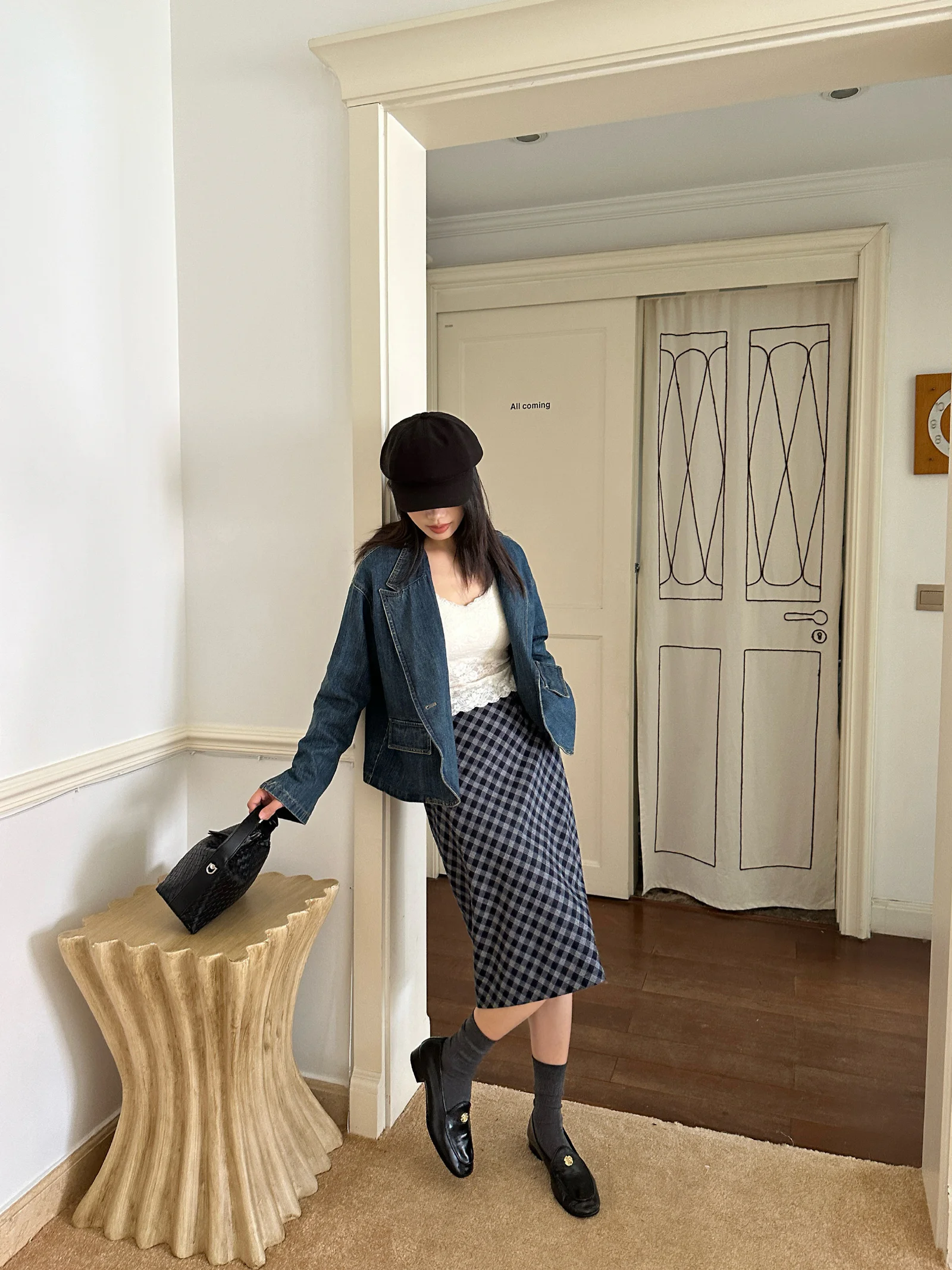 Denim Jacket and Plaid Skirt Combo with Statement Accessories
