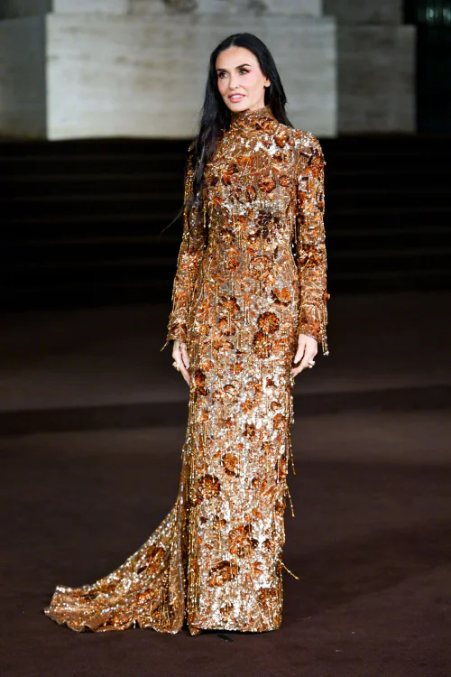 Stunning Golden Embellished Evening Gown with Intricate Detailing