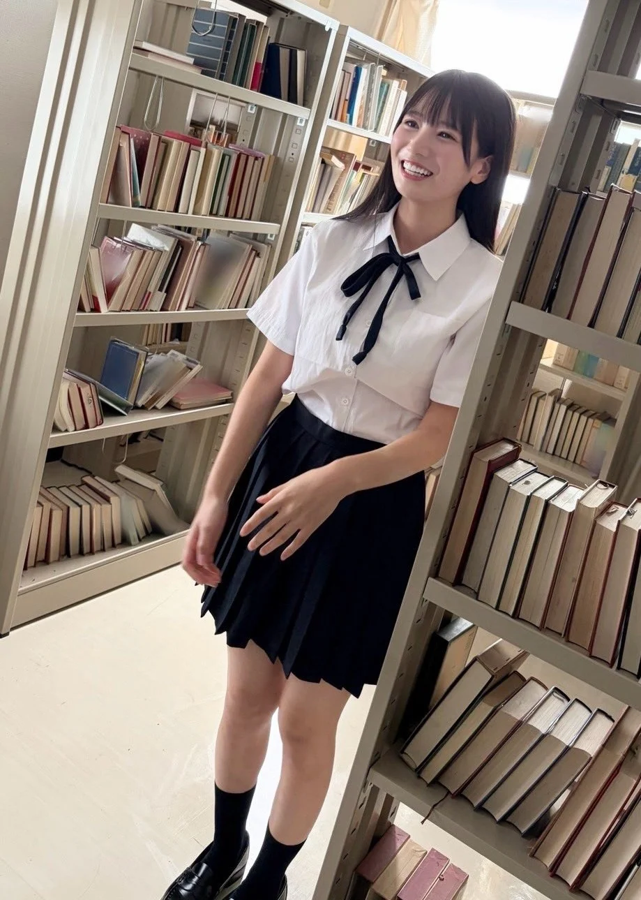 Classic White Blouse and Navy Skirt Ensemble with Ribbon Tie