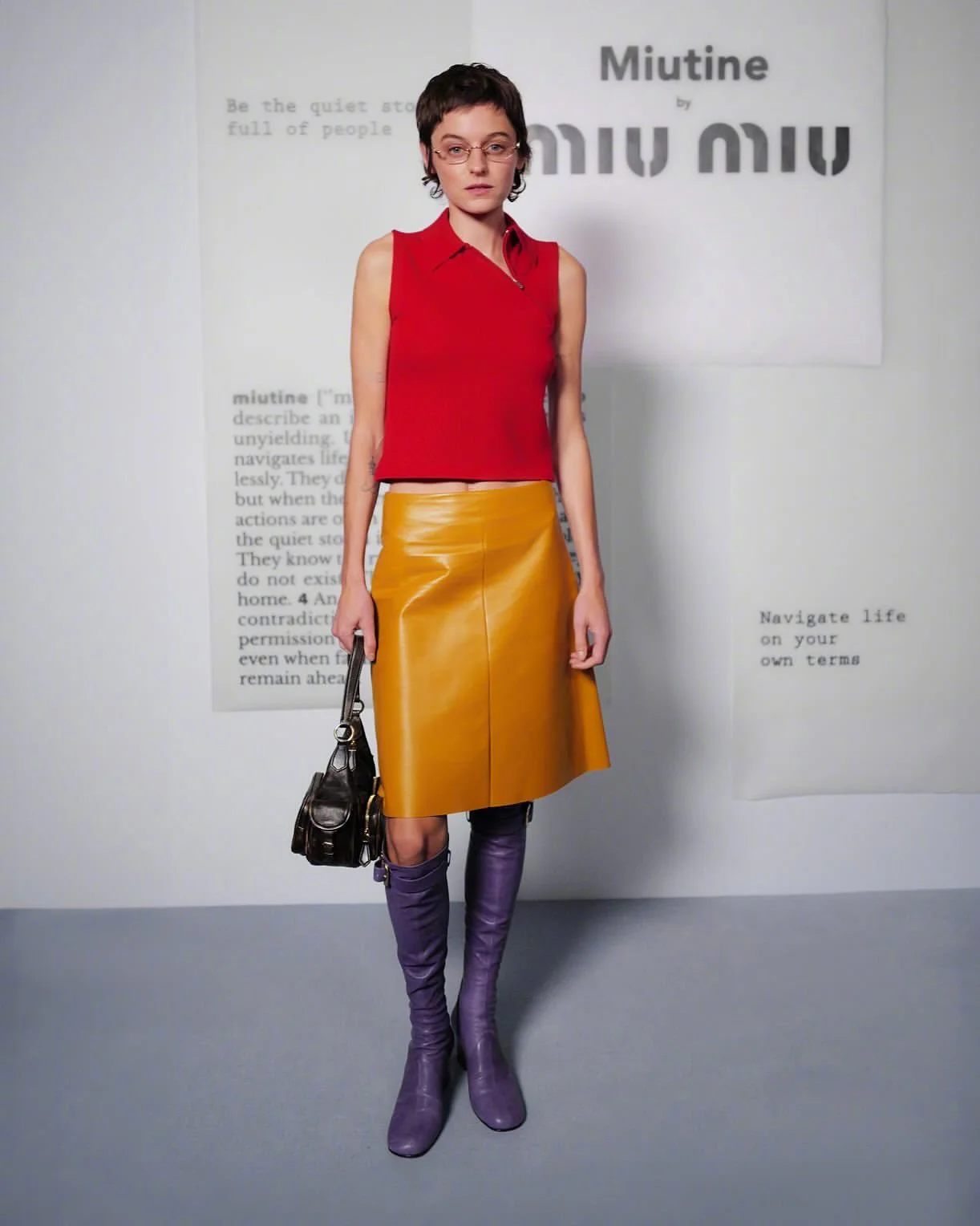 Bold Red Top and Mustard Leather Skirt with Purple Boots