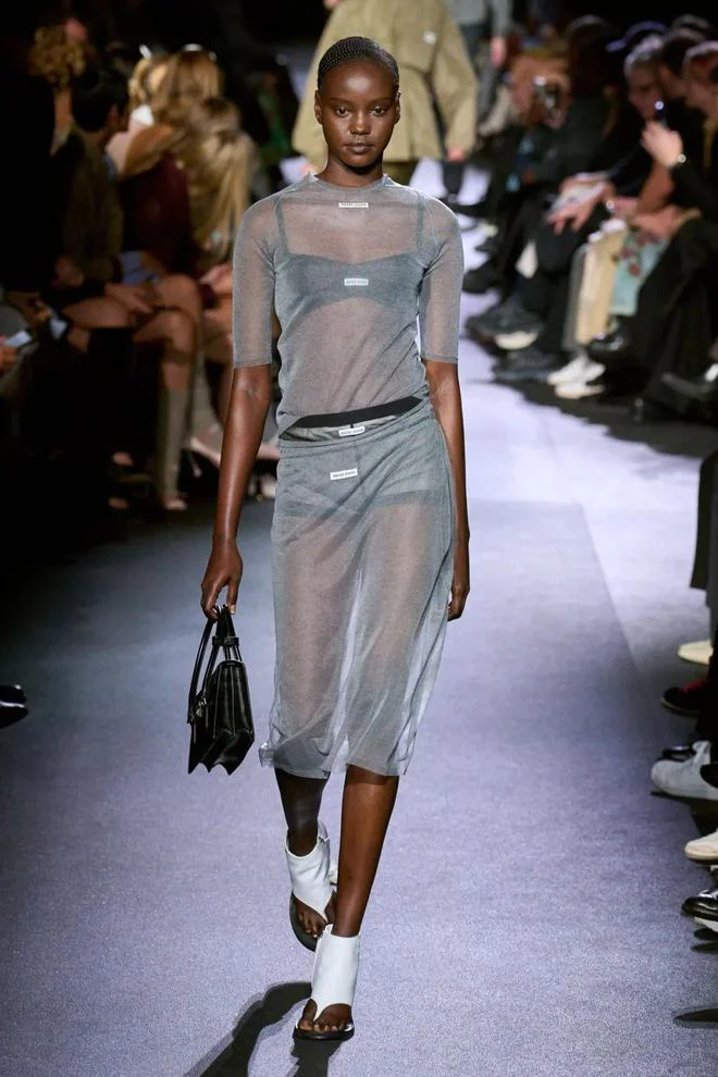 Minimalist Chic Sheer Dress with Bold Accessories and Monochromatic Style