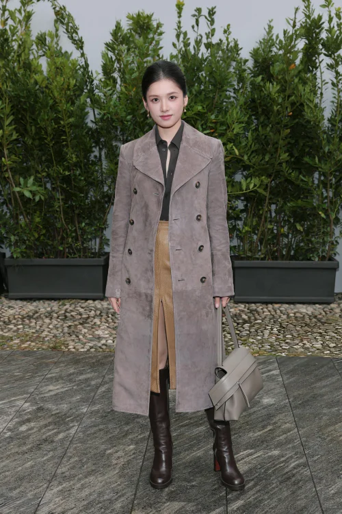 Elegant Taupe Suede Coat with Brown Leather Boots and Structured Gray Handbag
