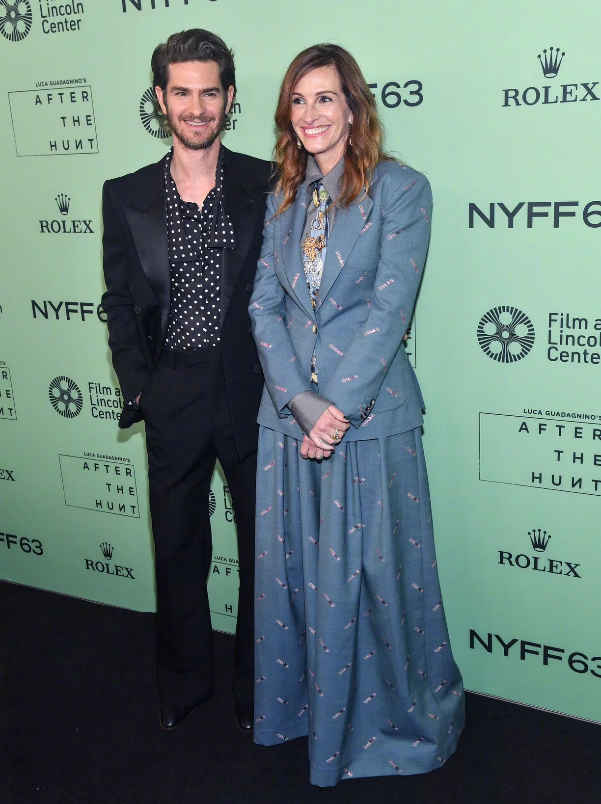 Chic Black Suit with Polka Dot Shirt and Unique Blue Suit with Patterned Details