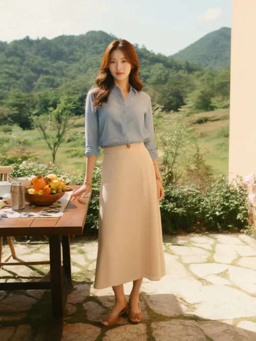 Effortless Elegance with a Blue Shirt and Cream A-Line Skirt