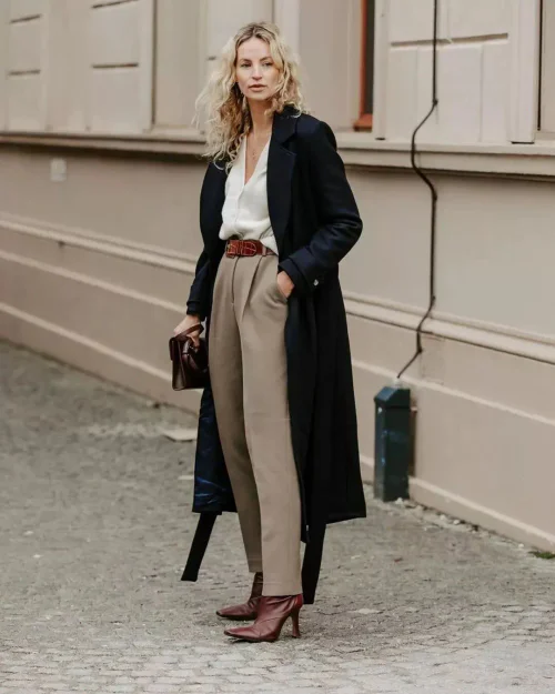 Elegant Style with Navy Trench Coat and Beige Trousers