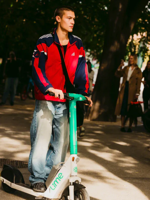 Urban Streetwear Style with Red Track Jacket and Oversized Jeans