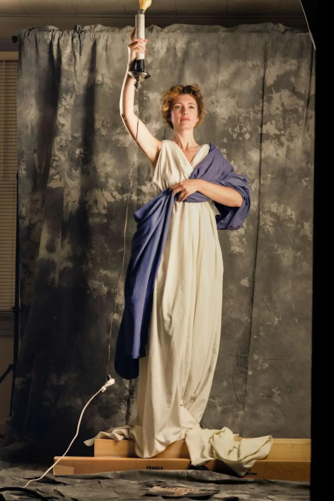 Timeless Greek-Inspired White and Blue Drapery Outfit with Classical Elegance