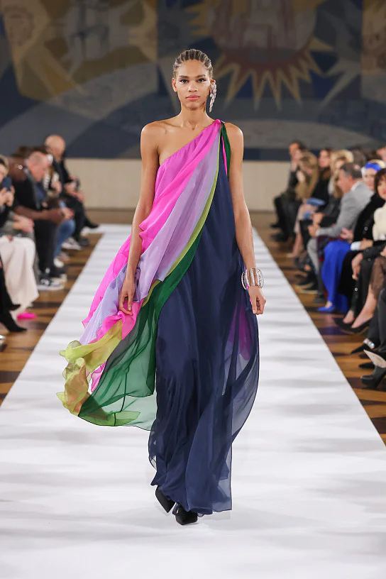 Elegant Multi-Color Asymmetric Gown with Sheer Fabric in Bold Shades