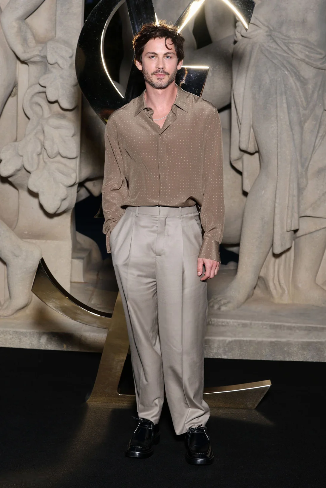 Elegant Neutral Tones: Brown Shirt and Light Grey Trousers for a Sophisticated Look
