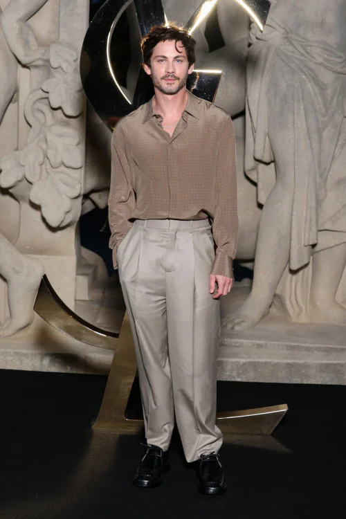 Elegant Neutral Tones: Brown Shirt and Light Grey Trousers for a Sophisticated Look