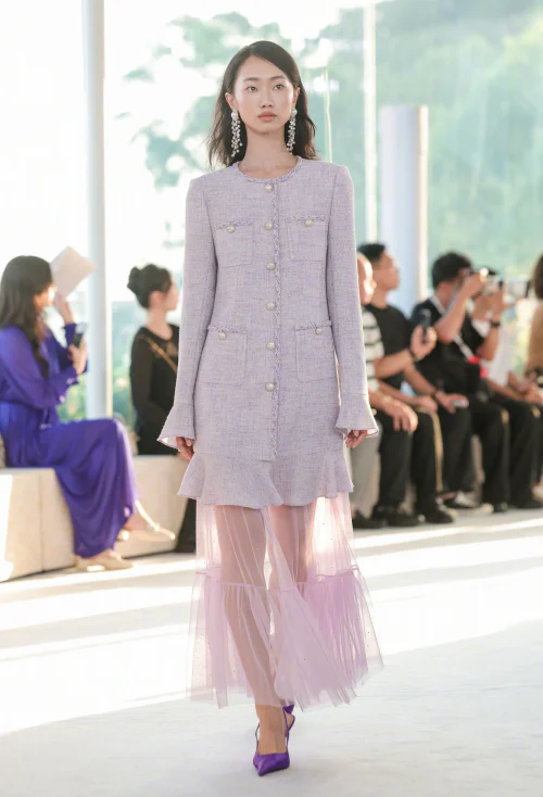 Elegant Lavender Tweed Dress with Sheer Tulle and Bold Purple Heels