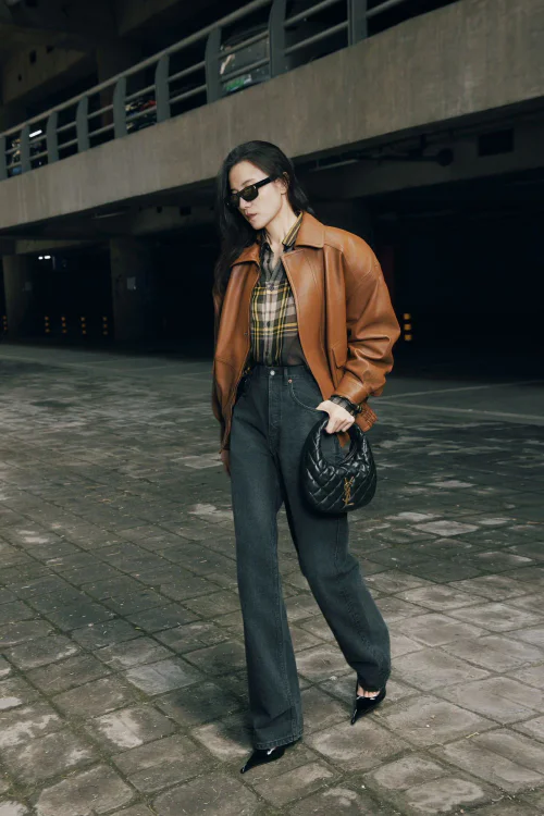 Sleek Brown Leather Jacket and Plaid Shirt with Wide-Leg Jeans