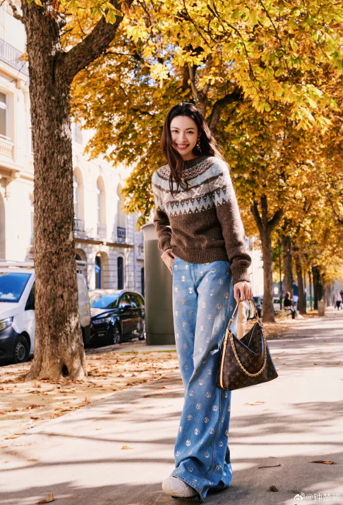 Cozy Patterned Sweater and Wide-Leg Jeans for a Stylish Autumn Look