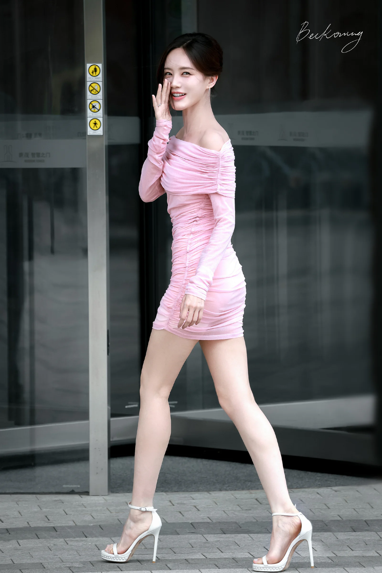Elegant Light Pink Off-the-Shoulder Dress with White Heeled Sandals