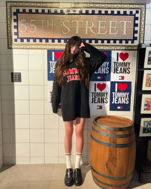 Oversized Black Tommy Jeans Sweater Dress with Chunky Shoes and High White Socks