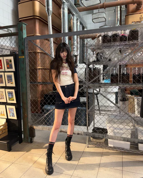 Jang Won Young OOTD. Edgy Street Style with Tank Top and Denim Skirt