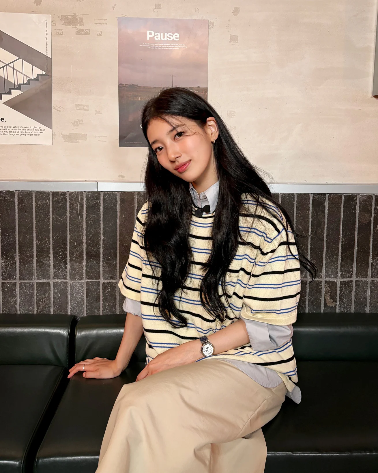 Bae Suzy OOTD. Casual Chic: Striped Tee and Beige Trousers Paired with Layered Shirt