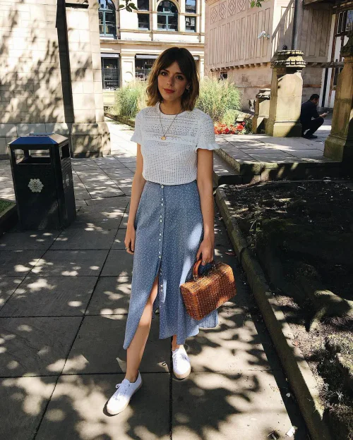 Casual Summer Style: White Crocheted Top with Blue Button-Front Skirt